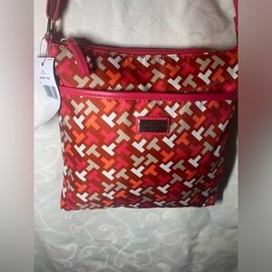 NWT Tommy Hilfiger Pink White Jacquard  Medium Multi Pocket Monogram Crossbody